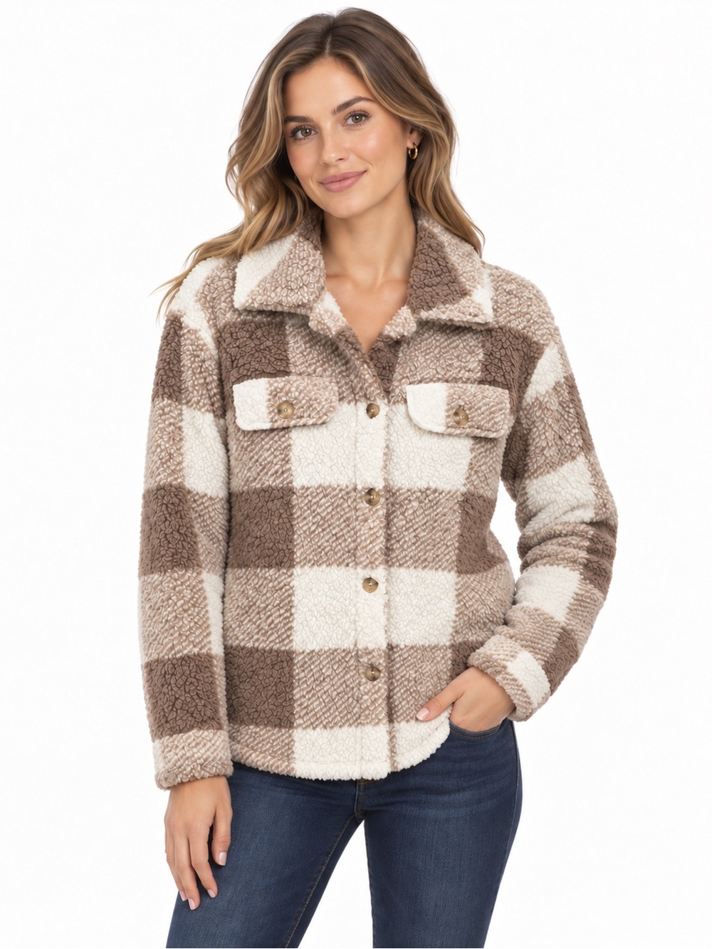 Plaid Sherpa Shacket in Taupe & Cream